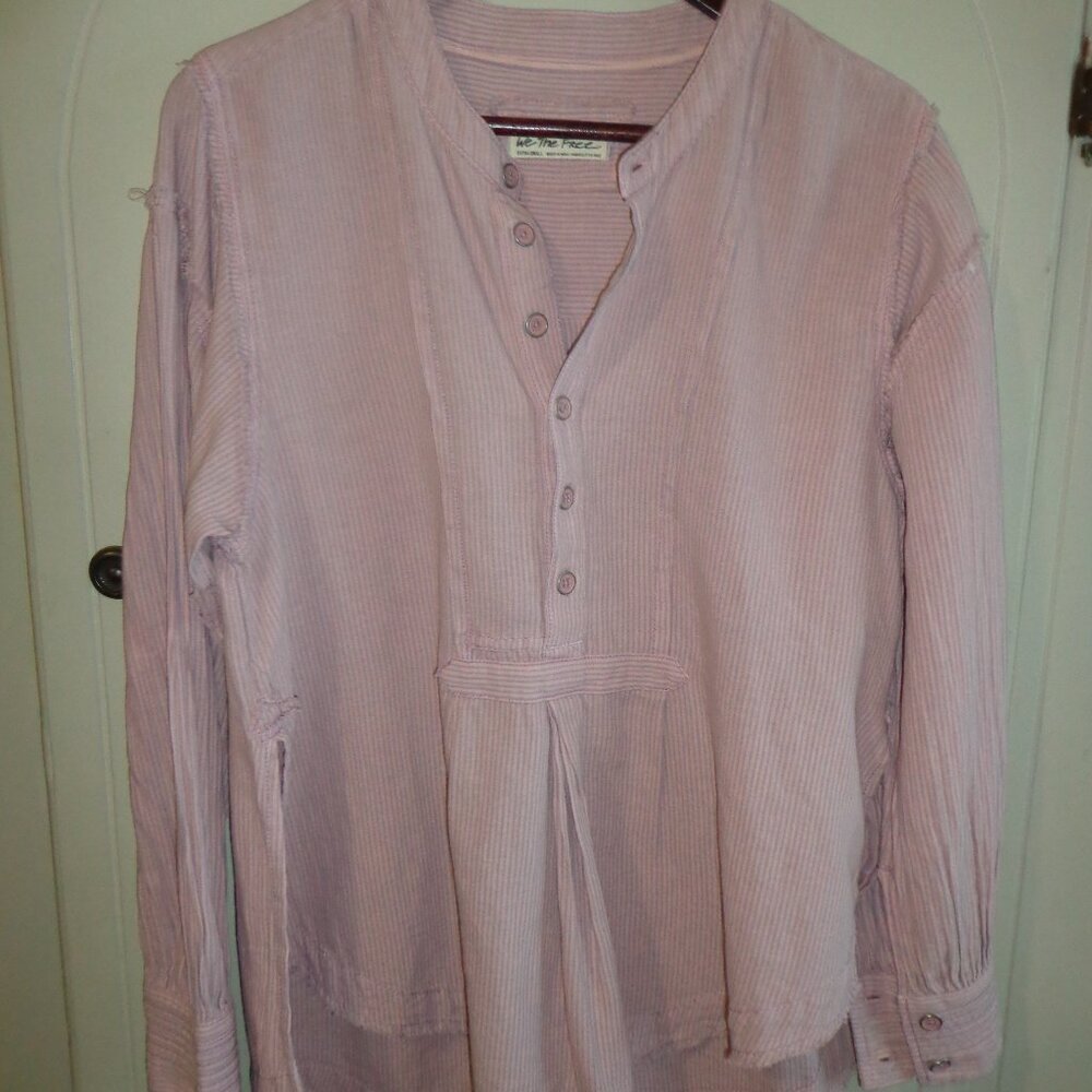 We The Free Pinstriped Tunic XS Button Placket Long Sleeves Raw Edges Detailed